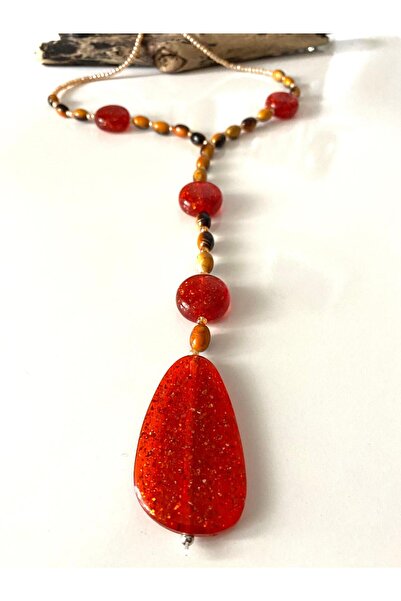 canan dizayn Bohem Silvery Red, Dark Brown Oval and Sand Beads Special Style Necklace