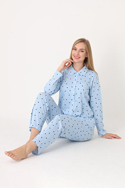 NBB 100% Cotton, Button Front, Polka Dot, Shirt Collar, Women's Pajama Set, Blue