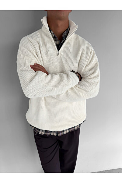 ablukaonline Men's Oversized Half Zipper Sweater Ecru