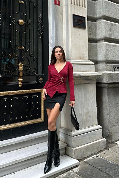 New Now Double-Breasted Long Sleeve Ribbed Knit Bluz with Collar Buckle Detail