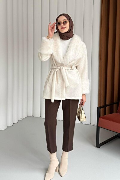 Modaensarbutik Kol Ve Yaka Kürk Detaylı Kaban-EKRU