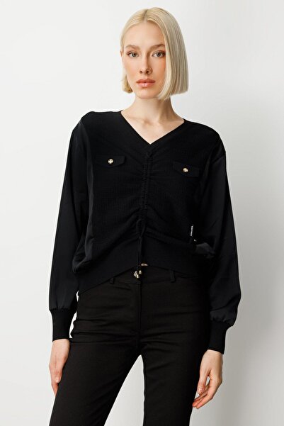 Onteks 66370 Sweater with Pocket Covers, Front Drawstring, V-Neck