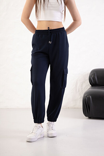 YusGos Women's Soft Textured Modal Fabric Pocket Detailed Elastic Leg Cargo Pants