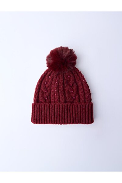 Jimmy Key Red Hair Braided Patterned Beaded Pompon Detailed Beanie