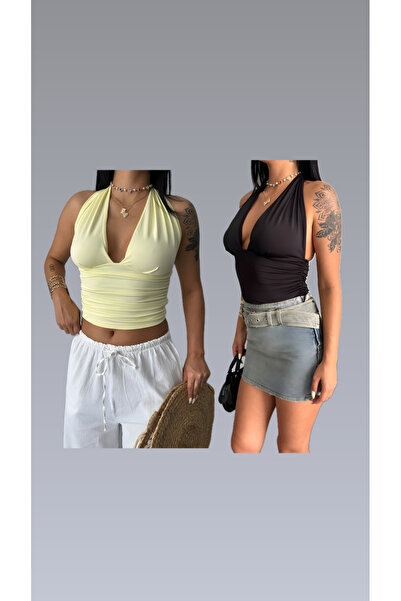 Fabienn Sırt Dekolteli Boyundan Bağlamalı Bluz 2Li Takım