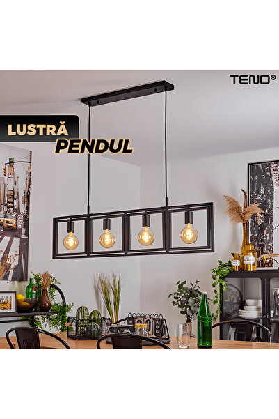 Teno ® Premium Chandelier, 4 panels, modern design, industrial bulbs, high-quality materials, black