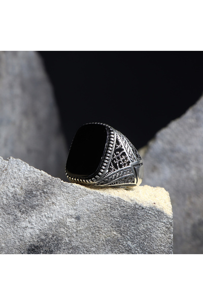 Mirari Jewelry Oniks Taşlı Desenli Erkek Yüzük | Premium 0,40 Mikron Gümüş Kaplama