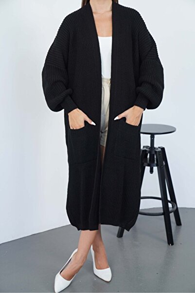 LE CARAMBOLE Women's Black Pocket Long Knitwear Cardigan