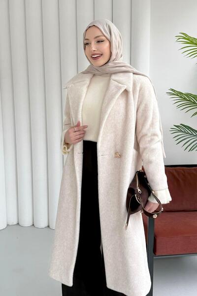 Modaensarbutik Kruvaze Yaka Tek Düğme Tay Tüylü Kaban-KREM