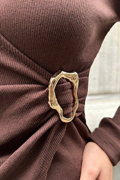 New Now Double-Breasted Long Sleeve Ribbed Knit Bluz with Collar Buckle Detail