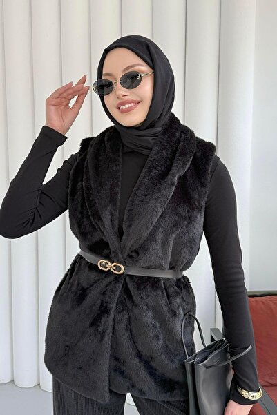 Modaensarbutik Kemer Detaylı Kürk Yelek-SİYAH