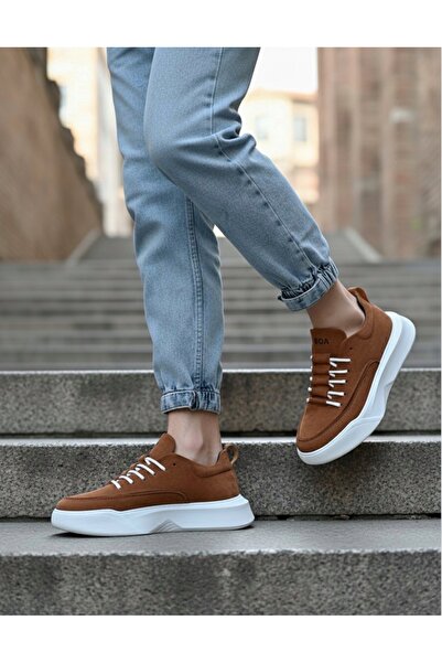 BOA BA0332 Ladder Pattern Lace Up Men's High Sole Tan Suede White Sole Sports Shoes
