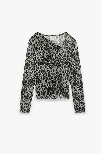 Koton Bluză X Sibil Çetinkaya pentru femei - cu mânecă lungă, guler asimetric, cu model de cerb, din tul transparent 6WAK