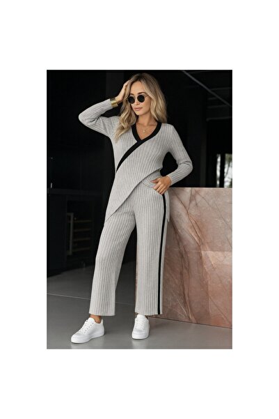 Secret Passion Lingerie New Season Long Sleeve V-Neck Cross Detail Fleece-Lined Ribbed Knit Blouse and Pants Two-Piece Suit 29184