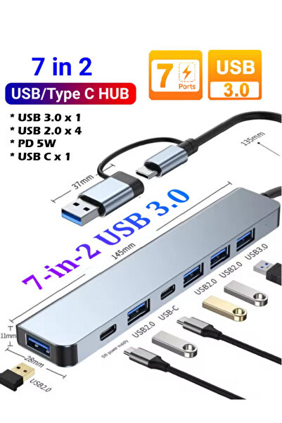 Vwin 7 Port Çoklayıcı Çevirici 7 in 2 Hub USB/TYPE-C to USB-C-USB 2.0-3.0 Switch Data PC Notebook...