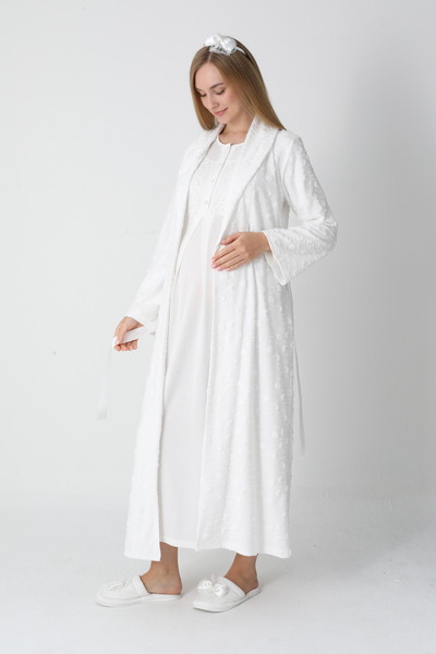 ERDENİZ TEKSTİL Maternity Nightgown Set of 2 with Thick Robe, Long Sleeves, Button Collar