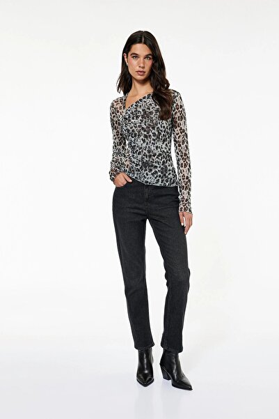 Koton Bluză X Sibil Çetinkaya pentru femei - cu mânecă lungă, guler asimetric, cu model de cerb, din tul transparent 6WAK