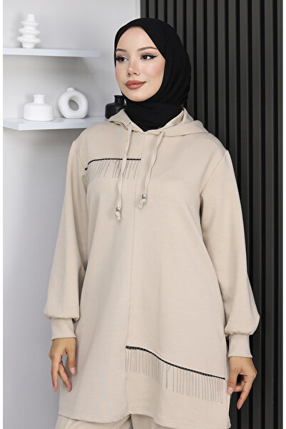 sefamerve Premium Fabric Chain Detailed Double Hijab Set 0212-04 Beige