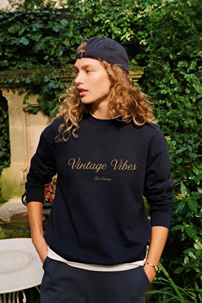 The Champ Clothing Γυναικείο φούτερ oversized Vintage Vibes με τύπωμα Navy Blue – Crew Neck, 3 Thread Ş επένδυση fleece Fleece
