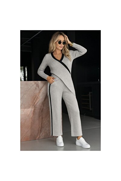 Secret Passion Lingerie New Season Long Sleeve V-Neck Cross Detail Fleece-Lined Ribbed Knit Blouse and Pants Two-Piece Suit 29184