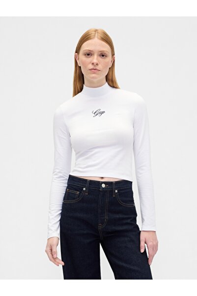 GAP Kadın Beyaz Crop Logo Mockneck T-Shirt