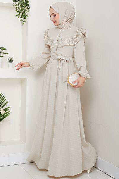 Feiza Collection Güpürlü Tesettür Elbise - Bej