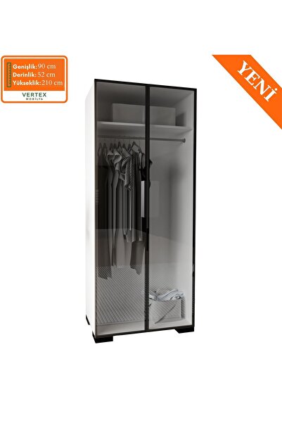 VM VERTEX MOBİLYA Floransa Alüminyum Cam Kapak 2 Kapılı Beyaz-Antrasit Gardırop