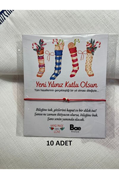 BAE ATOLYE 10 ADET Altın Dorika Toplu Yılbaşı Tebrik Kartlı Kırmızı Ip Bileklik