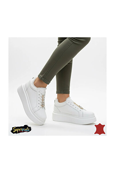 kevali Beige women's casual fur-lined leather shoes with high sole and decorative lace detail T-7011