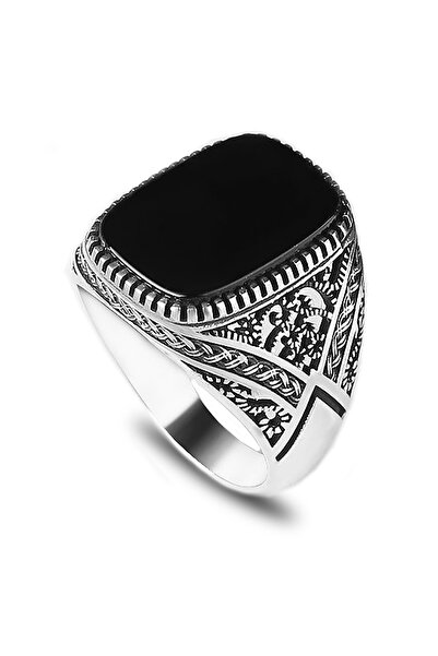 Mirari Jewelry Oniks Taşlı Desenli Erkek Yüzük | Premium 0,40 Mikron Gümüş Ka...