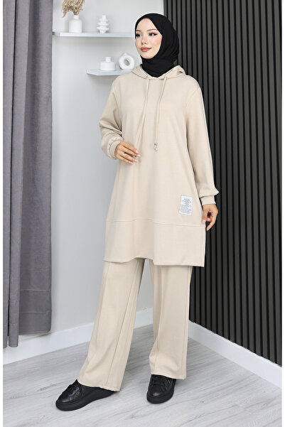 sefamerve Premium Fabric Embroidered Double Hijab Set 0211-01 Beige