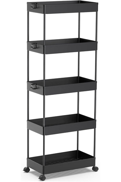 SPACEKEEPER Cărucior de depozitare negru cu 5 rafturi pentru baie, bucătărie ...