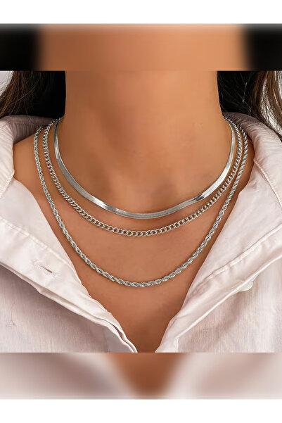 PURE BERRY طقم من 3 قطع: 2 قلادة فولاذية و1 قلادة مجوهرات بطول 40-45-50 سم