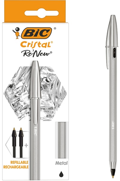 Bic Pix Cristal , 1.0 mm, negru, corp din metal, cutie, 1 pix si 2 rezerve
