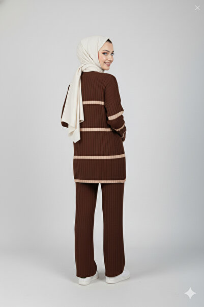 NİCE Brown Two-Color Striped Hijab Knitwear Set