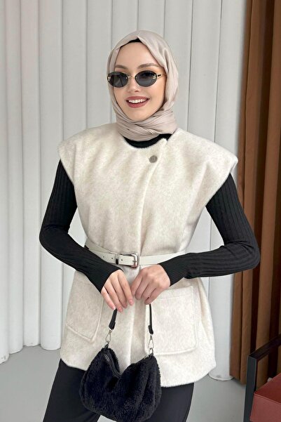 Modaensarbutik Tek Düğme Detaylı Polarlı Yelek-EKRU