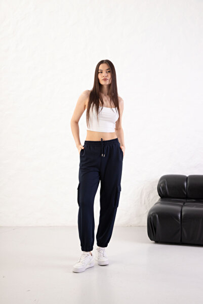 YusGos Women's Soft Textured Modal Fabric Pocket Detailed Elastic Leg Cargo Pants