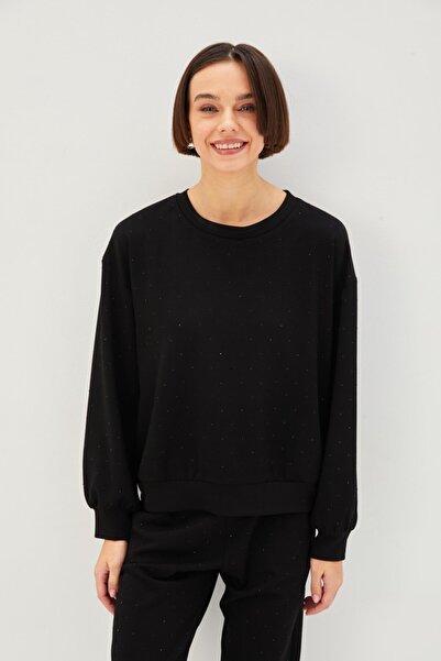 Allyco Taşlı Bisiklet Yaka Siyah Örme Sweatshirt