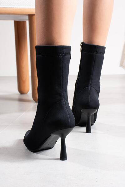 FSKOMBİN Lenka Scuba Fabric Black Women's Thin Heeled Boots