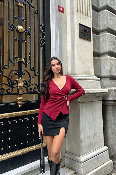 New Now Double-Breasted Long Sleeve Ribbed Knit Bluz with Collar Buckle Detail