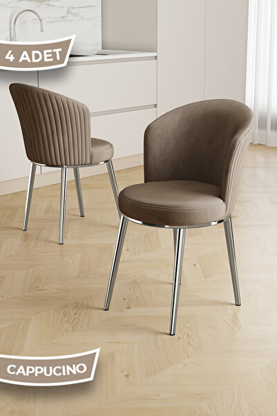 Canisa Risa Serisi 4 Adet Cappucino Mutfak Sandalyesi Krom Kaplama Metal Ayak...