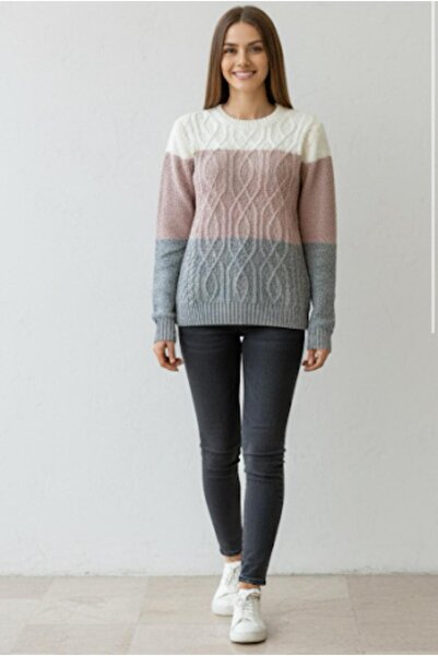 Cockatoo Дамски пуловер с дълъг ръкав, обло деколте и цветни блокове KU3434