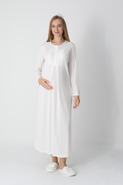 ERDENİZ TEKSTİL Maternity Nightgown Set of 2 with Thick Robe, Long Sleeves, Button Collar