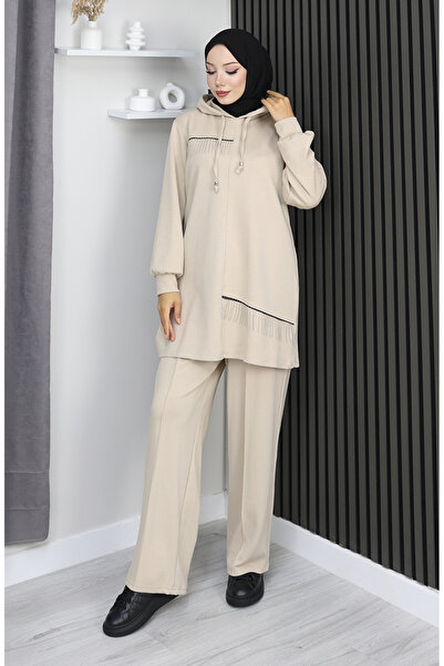 sefamerve Premium Fabric Chain Detailed Double Hijab Set 0212-04 Beige