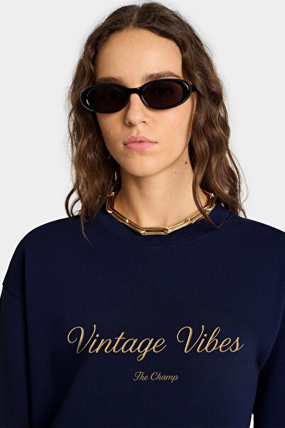 The Champ Clothing Γυναικείο φούτερ oversized Vintage Vibes με τύπωμα Navy Blue – Crew Neck, 3 Thread Ş επένδυση fleece Fleece