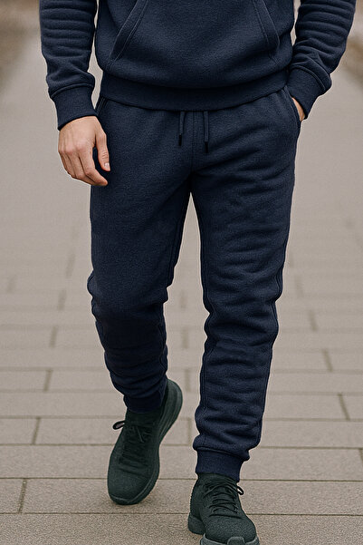 REMSA Men's Three Thread Fleece-Lined Sweatpants with Elasticated Legs and Waist 0341 Navy Blue