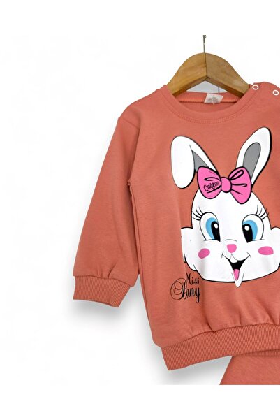 Ege Bebek Baby Girl Seasonal Long Sleeve Cute Rabbit Printed Sweathirt Top and Bottom Set