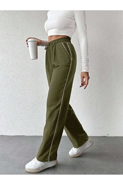 Miyalon Γυναικείο παντελόνι με ελαστική μέση με ρίγες στο πλάι και τσέπες, μαύρο unisex φαρδύ παντελόνι με φαρδύ πόδι