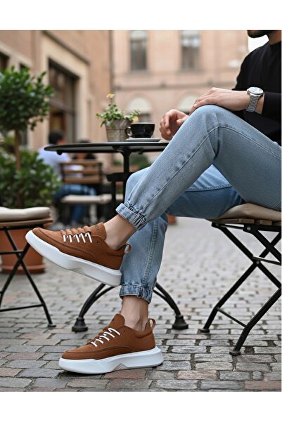 BOA BA0332 Ladder Pattern Lace Up Men's High Sole Tan Suede White Sole Sports Shoes