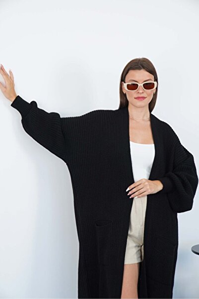 LE CARAMBOLE Women's Black Pocket Long Knitwear Cardigan